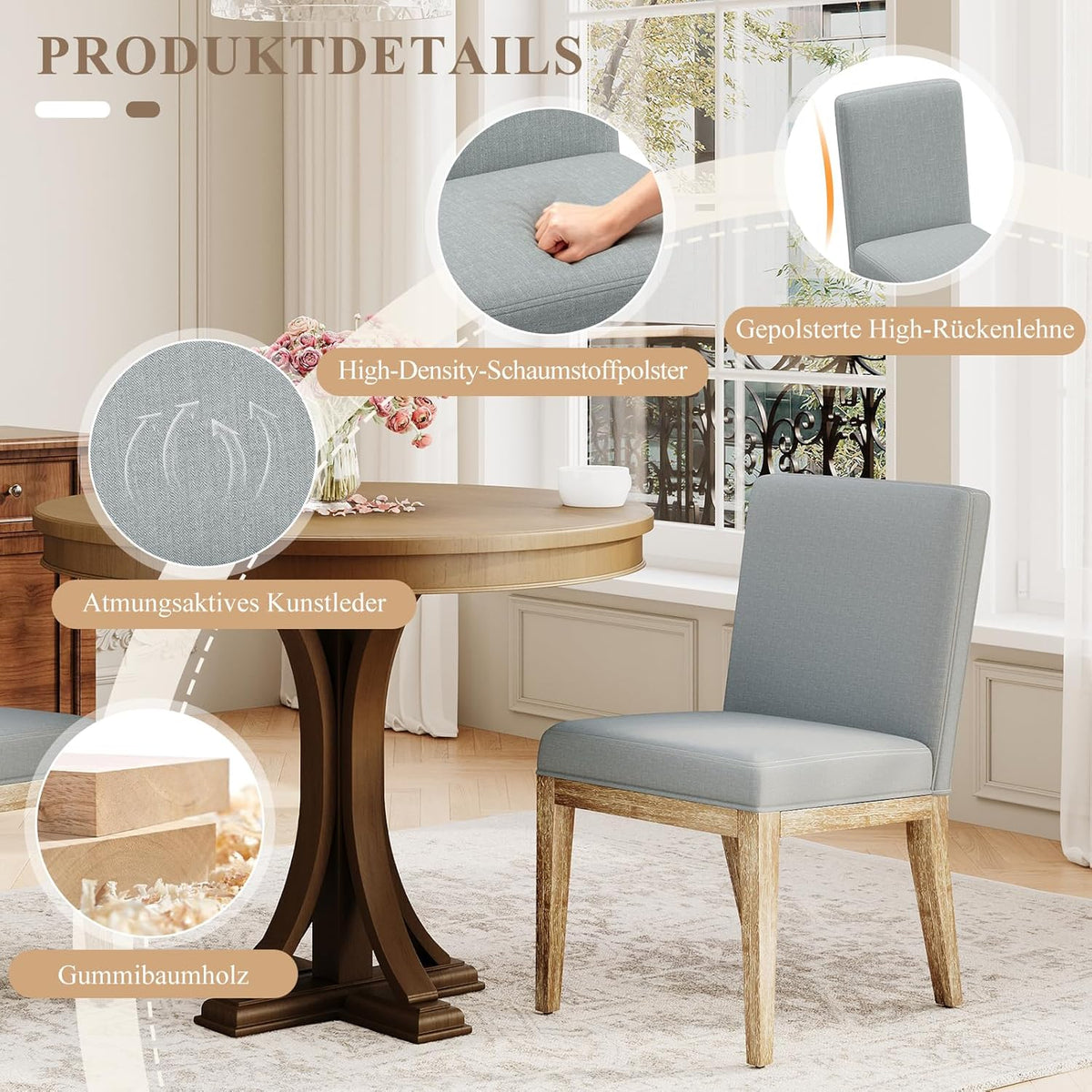 COLAMY Set van 4 eetkamerstoelen, moderne eetkamerstoelen met stoffen bekleding, keukenstoelen in landelijke stijl voor restaurant en woonkamer, grijs