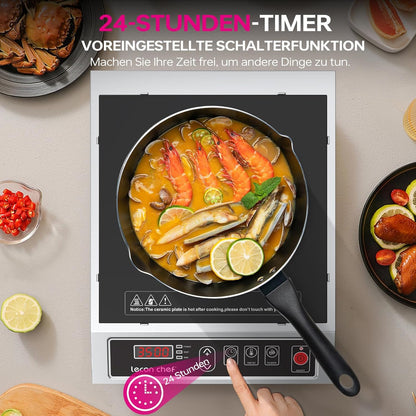 Inductiekookplaat, 3500 W, enkele inductiekookplaat, kookplaten, 50 kg, groot draagvermogen, roestvrijstalen behuizing, 24-uurs timer, ultradun draagbaar design