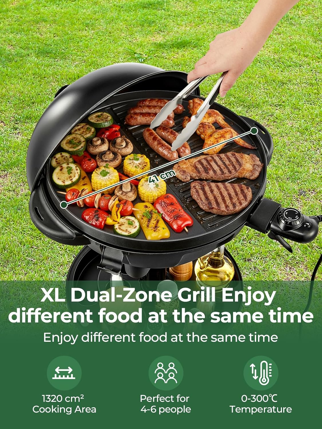FOHERE Elektrische barbecue, 2-in-1, 2400 W, tafelgrill en voeteneinde, geïntegreerde thermometer, antiaanbaklaag Ø 41 cm, vetschaal, zwart