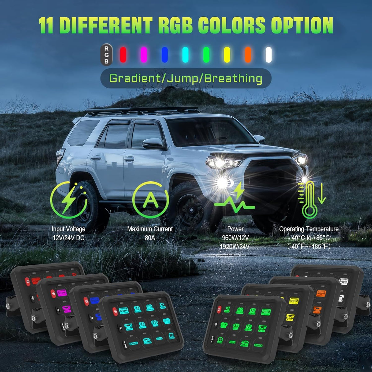 Chelhead 12-gangs schakelpaneel met 80A RGB-app-bediening, multifunctioneel, dimbaar, bluetooth, afstandsbediening, waterdicht, universeel