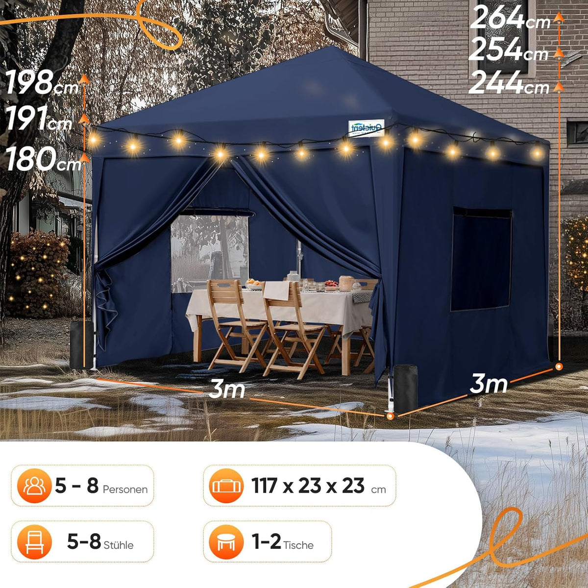Quictent Paviljoen, 3 x 3 cm, met 4 zijpanelen, vouwpaviljoen met ventilatie, waterdicht, stabiel, winterbestendig, pop-up tuinpaviljoen met 4 zandzakken en roltas, blauw