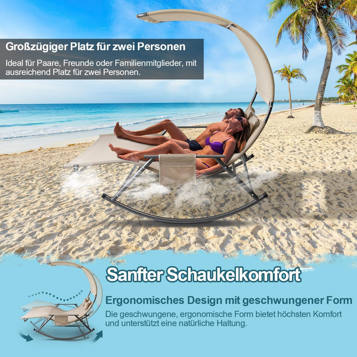 Outdoor Double Lounger Sun Lounger for 2 People with Sun Canopy Bag Double Rocking Chair up to 250 kg Breathable Fabric Versatile Choice of Colours for Garden, Balcony, Patio (Beige) - QUORE