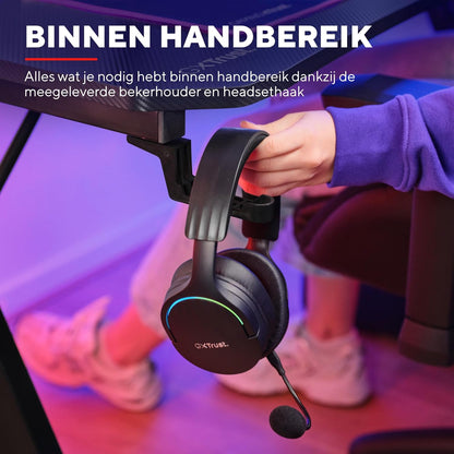 Trust Gaming GXT 712 Dynamus Gaming Bureau 120 x 60 cm, Gaming Desk met Headsethaak en Bekerhouder, Metalen Frame, Gaten voor Kabelbeheer, Office Desk voor Kantoor Studie Streaming Werk, Zwart