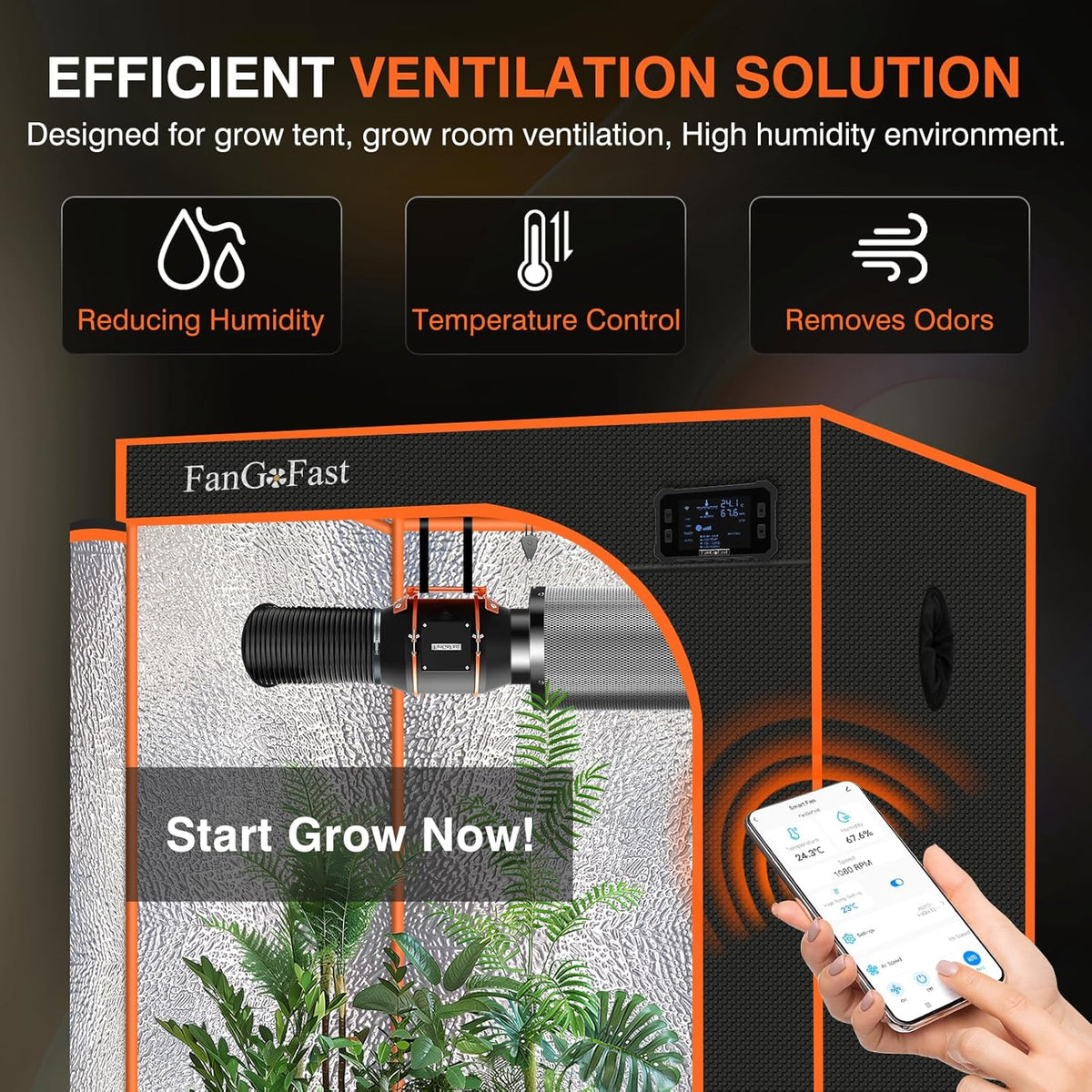 FanGoFast 100mm APP-gestuurde buisventilator met temperatuur- en vochtigheidsregelaar, EC-motor, 3000 RPM afvoerventilator voor booster, kweektenten, ventilatie en afvoerventilator