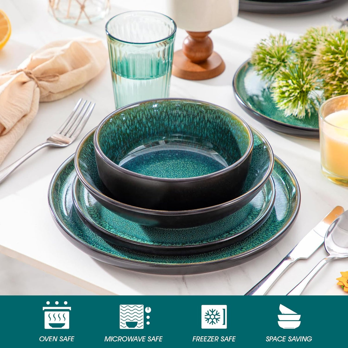 vancasso 24-delig eetservies, keramische borden en schalen set voor 6, mediterrane stijl diner sets in levendig groen, Playa serie eetservies set voor 6