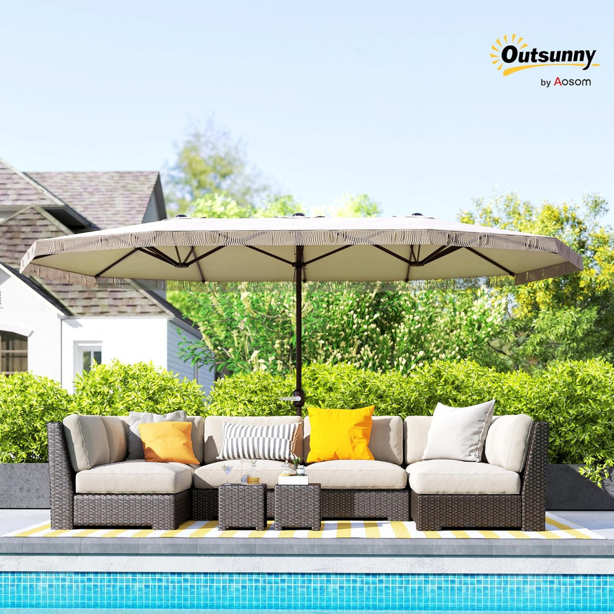 Outsunny Garden Shade Double Rectangle 4.5 x 2.65 x 2.60 m with Crank and Fringes, 180 g/m², Parasol for Balcony, Pool, Patio, Cream - QUORE