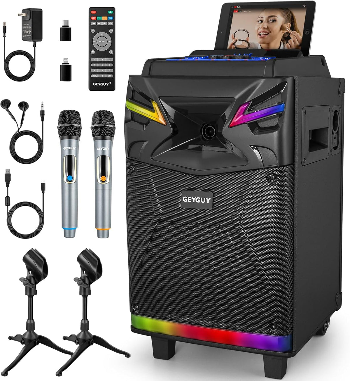 DSP Bluetooth karaoke-machine met 2 microfoonluidsprekers, 600 W 10 inch subwoofer PA-installatie, live streaming/geluidseffects/DJ Lights/FM-radio voor YouTube, Tiktok GTSK10-1