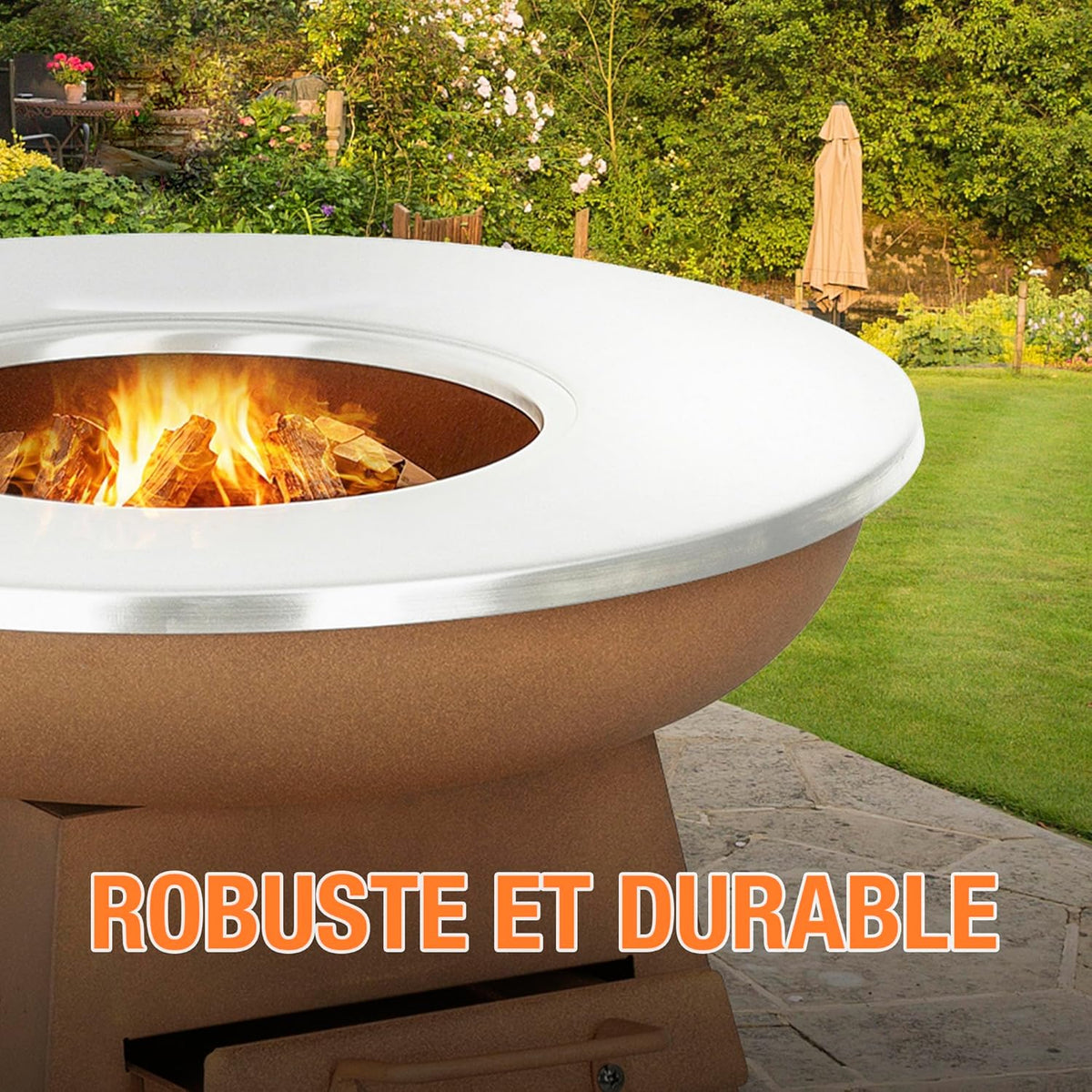 Terrasverwarmer van hout, met plancha-grillplaat