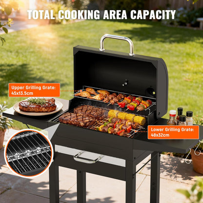XL Houtskool BBQ Grill voor buiten koken vierkante buis kar roker grill met thermometer, dubbellaags grillrooster, bijzettafel en beweegbare wielen, zwart
