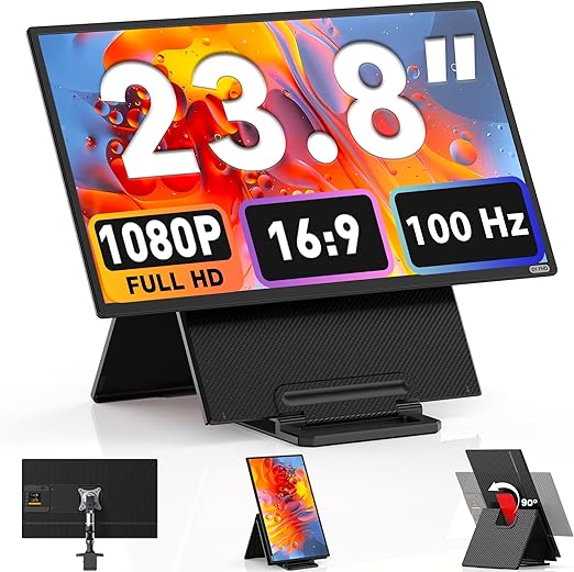 Portable Monitor – Draagbaar Scherm – Extern Scherm – Laptop Display – Tweede Scherm – 23,8 Inch Dual-1080P – IPS Paneel 100Hz – 90° Draaibare Standaard Met VESA Mount