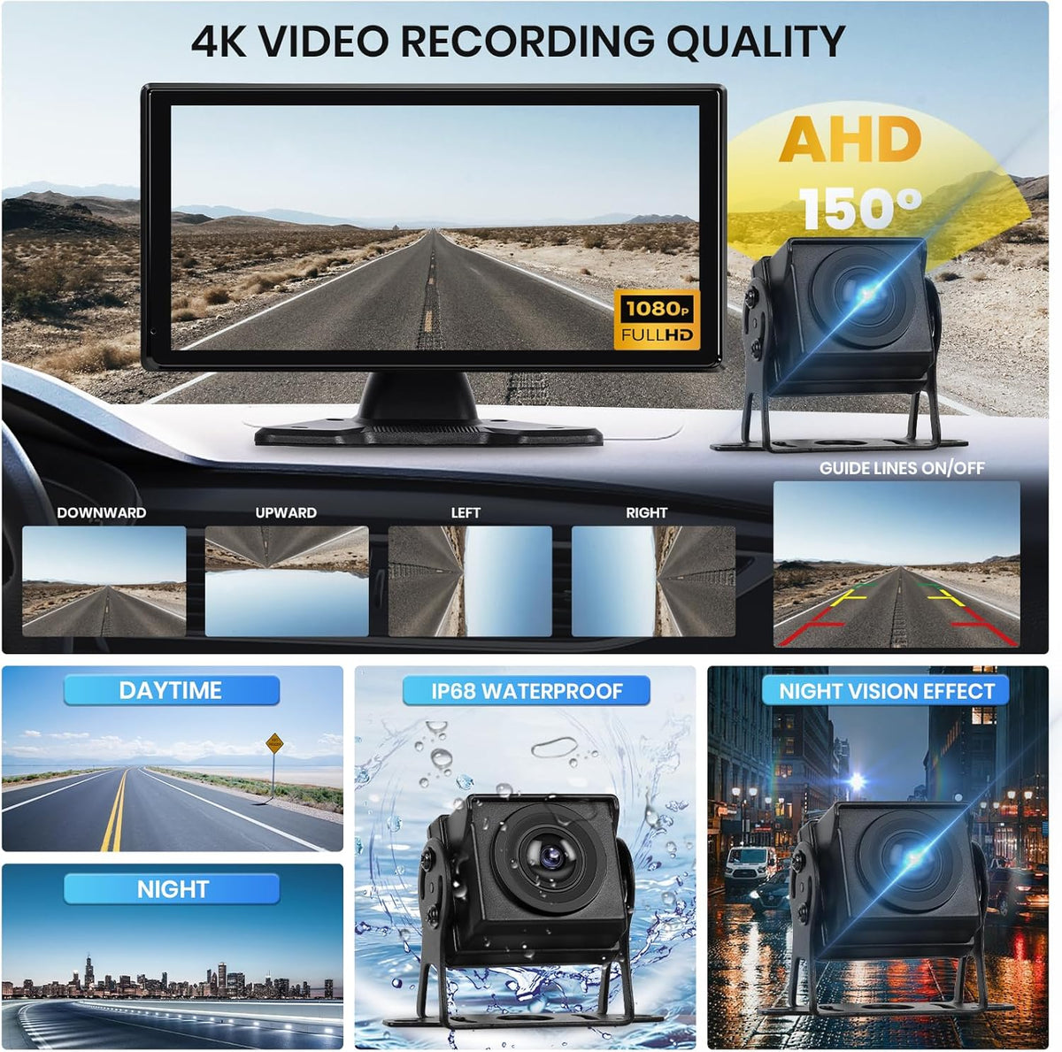 Hodozzy 4k Rear View Camera Set With 4 Ahd Rear Camera Cable, Wireless Carplay Android Auto, 10.36 Inch Touch Screen 4 Split Monitor, Bluetooth, Airplay FM Loop Recording USB/TF, Carplay Screen - QUORE
