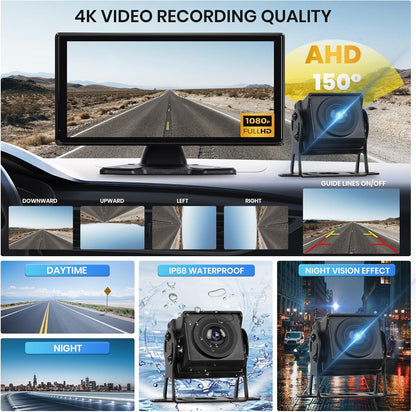 Hodozzy 4k Rear View Camera Set With 4 Ahd Rear Camera Cable, Wireless Carplay Android Auto, 10.36 Inch Touch Screen 4 Split Monitor, Bluetooth, Airplay FM Loop Recording USB/TF, Carplay Screen - QUORE