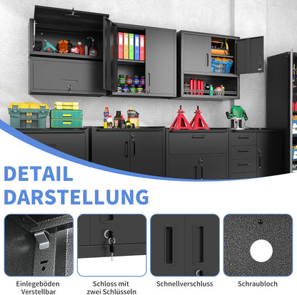 Garage wandkast met deuren en planken, metalen wandkast met slot, hangende gereedschapskast voor garage, utility kamer, zwart