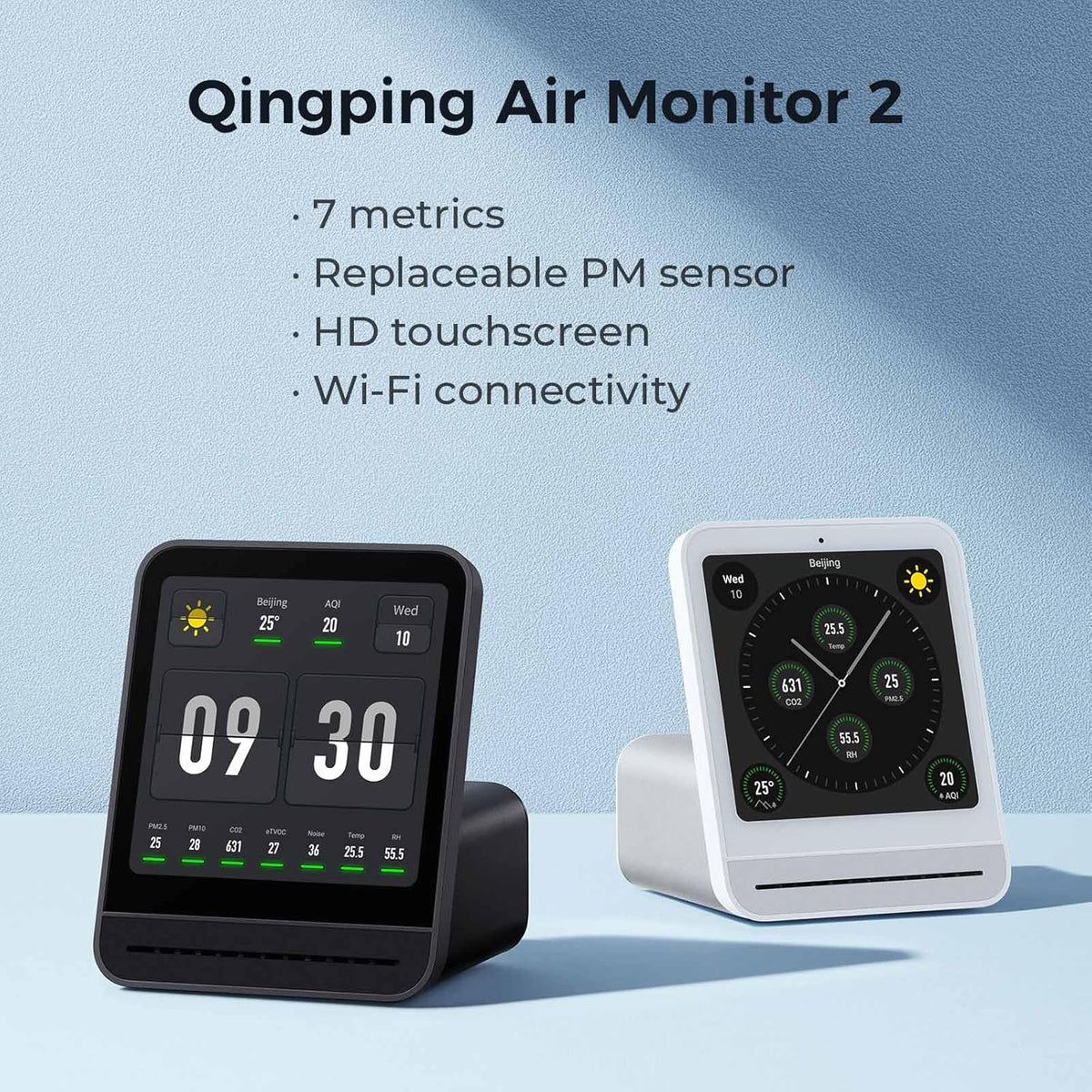 Qingping Air Quality Monitor Gen 2, Air Quality Monitor Indoor Detects PM2.5, CO2, PM10, Noise, Temperature and Humidity, New Upgraded Alarm Clock Function, Air Quality Tester for Bedroom