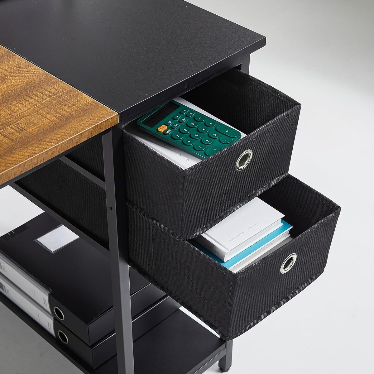 Mondeer Computerbureau, bureau met 2 laden en opbergplank links of rechts, 100 x 50 x 76 cm, industriële stijl, thuiskantoor werkstation studie, rustiek bruin en zwart