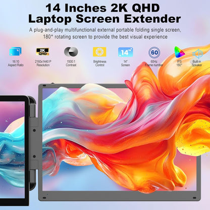 KEFEYA Draagbare monitor, 14 inch, 2K QHD, contrast 1500:1, draagbare schermuitbreiding, geïntegreerde houder en luidspreker, plug & play voor Mac/Windows laptops 13-16,5 inch, Chrome, Switch