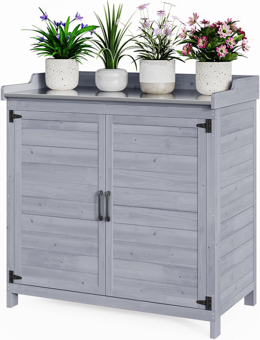 Planten- En Tuintafel – Tuinmeubel – Werktafel – Plantenstandaard – Opbergtabel – Grijs 98x48x95 cm – Waterdicht Metalen Werkblad – Verstelbare Opbergruimte