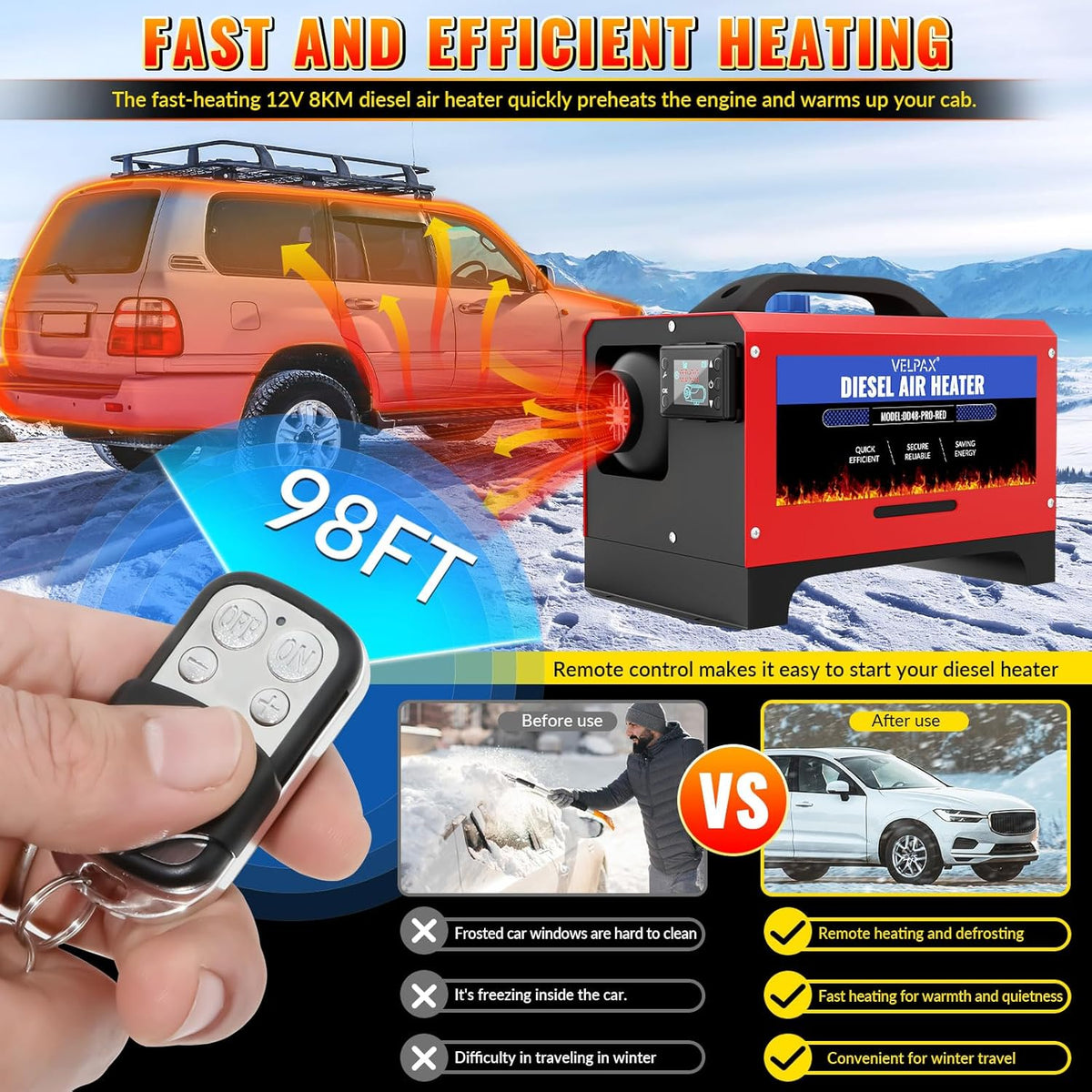 Diesel Air Heater, 12 V, 8 kW Diesel Air Heater, Diesel Parent Heater, Switch with LCD Display, Complete Accessories, Consumption L/H: 0.18-0.48 for Trucks, Motorhomes and Boats - QUORE