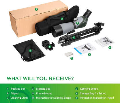 20-60 x 70 HD Telescopische Zoom Spotting Scope met verstelbaar en licht telescopisch statief en telefoonadapter, draagbare telescoop voor wildobservatie, doelschieten en observeren
