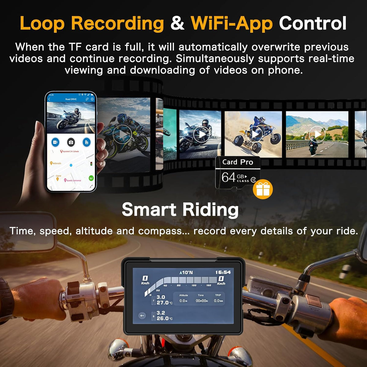 Moto Carplay Écran 7 Pouces Plus Grand 4K+1080P Double Caméra Dash Cam Moto Carplay Android Auto Écran Étanche Carplay Moto Écran GPS Navi Double-Bluetooth Commande Vocale Siri Carte 64GB