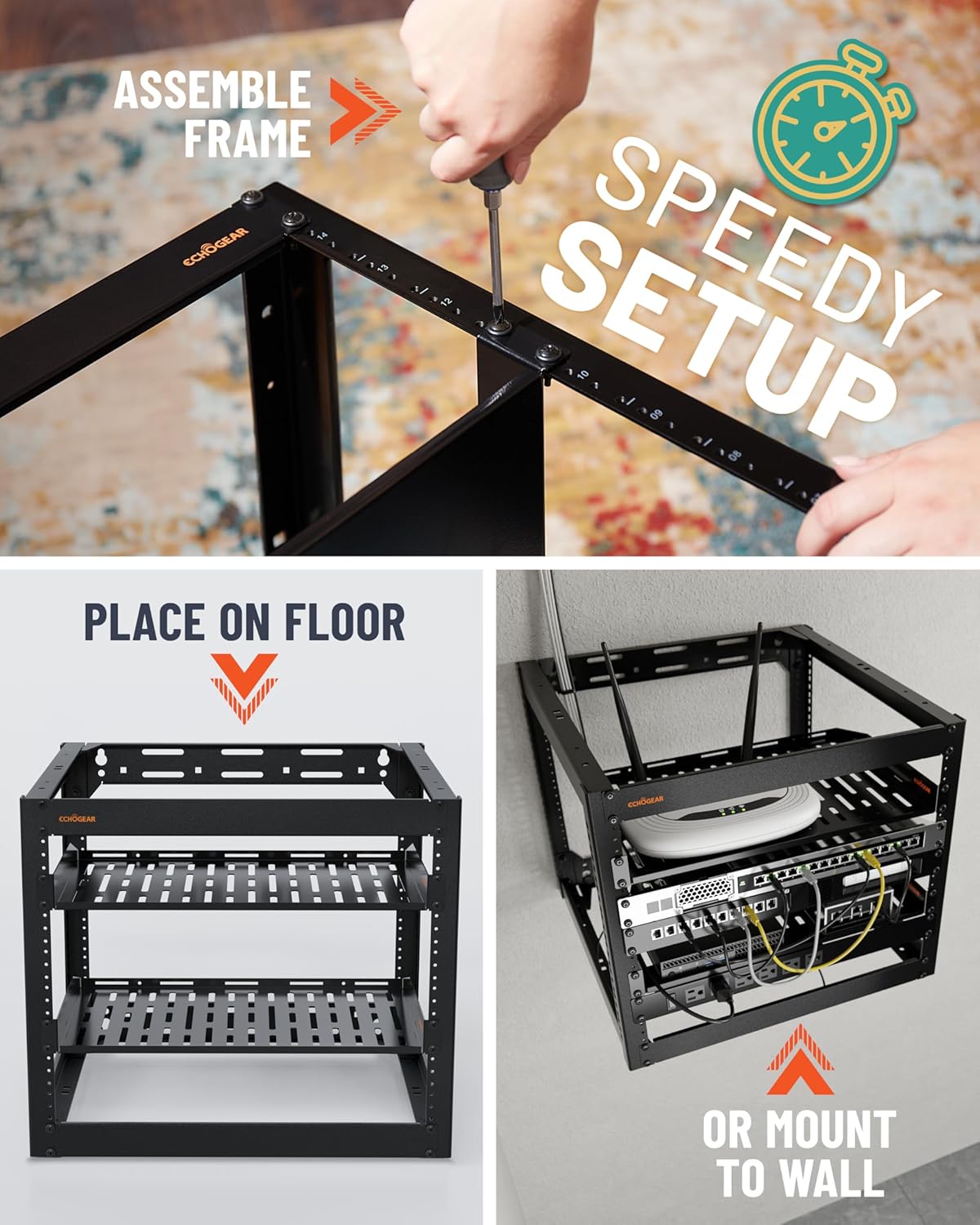 ECHOGEAR 10U Netwerkrek - Wandmonteerbaar Heavy Duty 4-paalontwerp voor al uw netwerk- en AV-apparatuur - Open frame-ontwerp omvat 2 1U geventileerde planken en montagehardware
