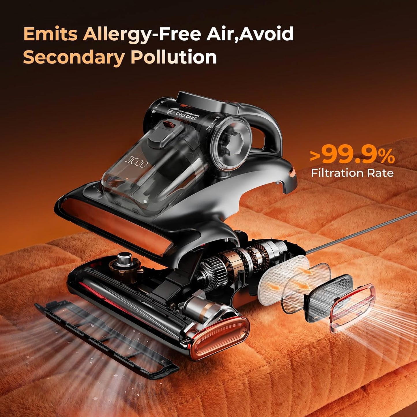 JIGOO T600 Matrasstofzuiger met UV-licht, 700W/15kPa hete lucht & 99,9% allergenenverwijdering, 60 °C ontsmetting voor bedden/banken/tapijten, luchtzuivering-aroma-negatief ion