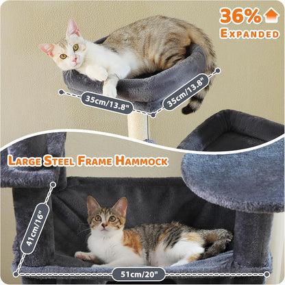 PAWZ Road Scratching Post for Large Cats, Stable 205 cm Scratching Post for Large Cats with Hammock, 7 Sisal Posts, Large Sitting Pole, Caves, Baskets, High Scratching Post for Indoor Cats, Dark Grey - QUORE