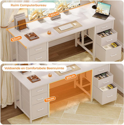 Coleshome Bureau met 6 laden, 160x52 cm Bureau met opslagruimte, Computerbureau met Planken voor Thuiskantoor, Wit