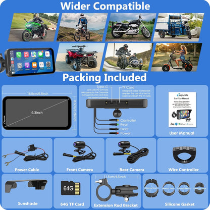 Motorfiets Display – Motorfiets Navigatie – Motorfiets Scherm – Motorfiets Autoradio – Draadloos CarPlay & Android Auto – 6,3-inch HD IPS Touchscreen – Dubbele 1080P Dashcam Voor & Achter