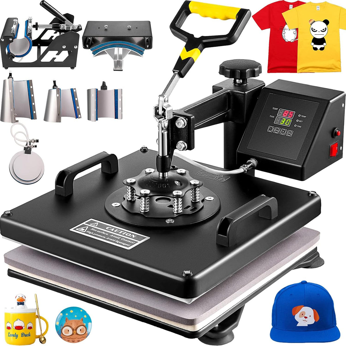 VEVOR transferpers, 8-in-1, 38 x 38 cm, hittepers, 1250 W, T-shirt-hittepers, Hittepersmachine,360 graden draaibaar, doe-het-zelf, multifunctionele sublimatie-hittepers met digitale LED-temperatuur- en tijdregelaar