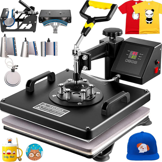 VEVOR transferpers, 8-in-1, 38 x 38 cm, hittepers, 1250 W, T-shirt-hittepers, Hittepersmachine,360 graden draaibaar, doe-het-zelf, multifunctionele sublimatie-hittepers met digitale LED-temperatuur- en tijdregelaar