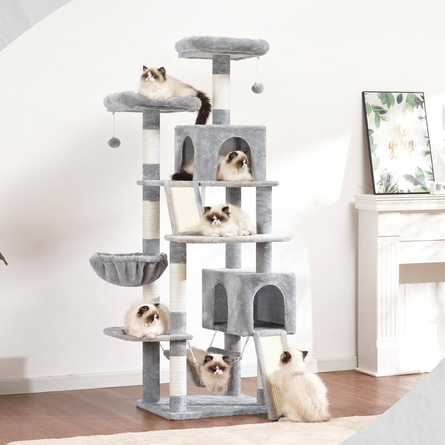 Cat Tree Indoor Cat Tree 200cm Cat Scratching Post with Large Adult Cats, 2 Scratching Boards, 7 Scratching Posts, 2 Plush Platforms, 2 Cat Cavities, Light Grey GCT032W - QUORE