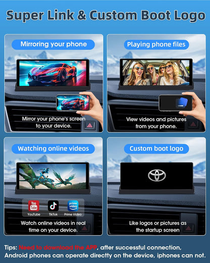 4K Apple Carplay Android autodisplay met exclusieve houder, 350° draaibaar 10,26 inch autodisplay, Car Play scherm, Buddy display met Siri/G-oogle GPS-navigatie, bluetooth, 64 GB TF-kaart