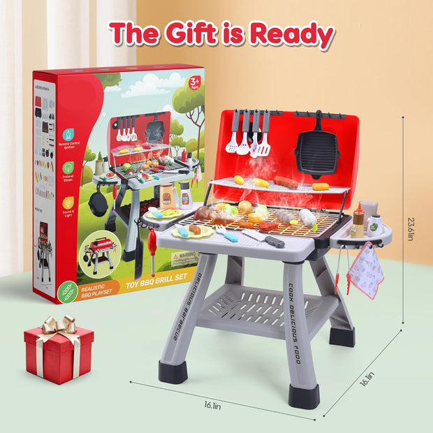 BBQ Speelgoed - Kinderbarbecue - Keuken Speelgoed - Realistische BBQ Grill - met Rook - Keukenaccessoires - Barbecue - voor Kinderen - 44 x 33.5 x 18.5 cm - Rood/Grijs