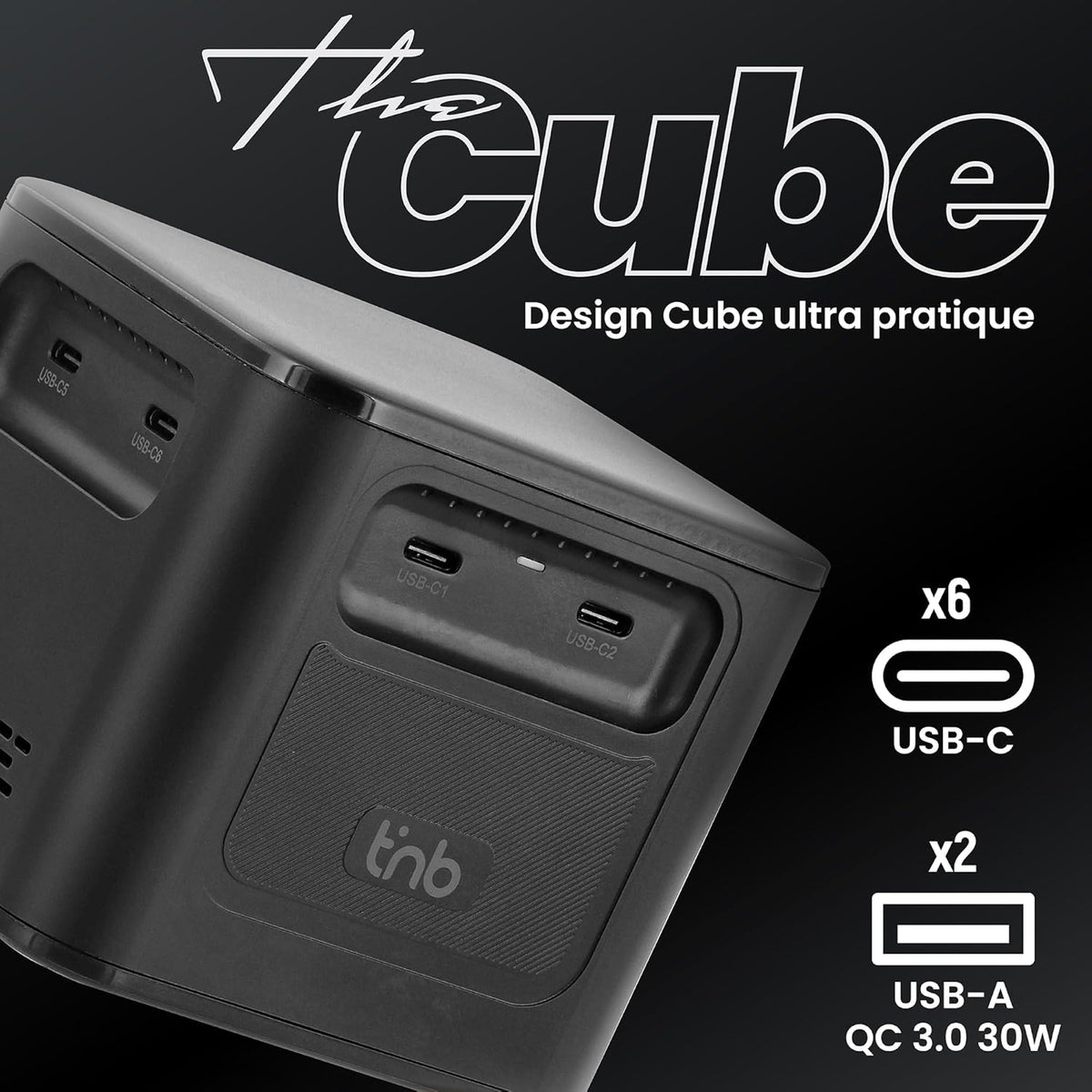 T'nB - Oplaadstation met 8 oplaadpoorten, PD 3.1-technologie, 380W, 6 USB-C-poorten en 2 USB-A-poorten, compact formaat - zwart