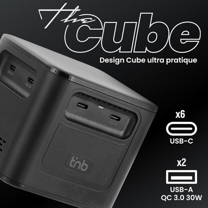 T'nB - Oplaadstation met 8 oplaadpoorten, PD 3.1-technologie, 380W, 6 USB-C-poorten en 2 USB-A-poorten, compact formaat - zwart
