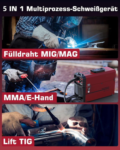 ARCCAPTAIN MIG MAG lasapparaat onder beschermend gas met IGBT 140A AC230V, 5-in-1 soldeerstation met vuldraad FLUX/MMA E-Hand/Lift TIG met synergetische draaddispenser en 1 kg 0,8 mm gevulde draad