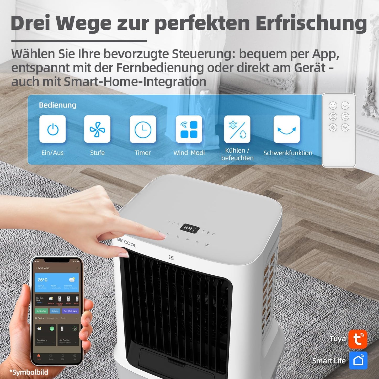BE COOL BC30ACP2501W Luchtkoeler, waterreservoir van 30 liter, 120 W, wifi-bediening, 1800 m³/h luchtcirculatie, 15 m bereik, droogluchtfunctie, led-display, timer, afstandsbediening