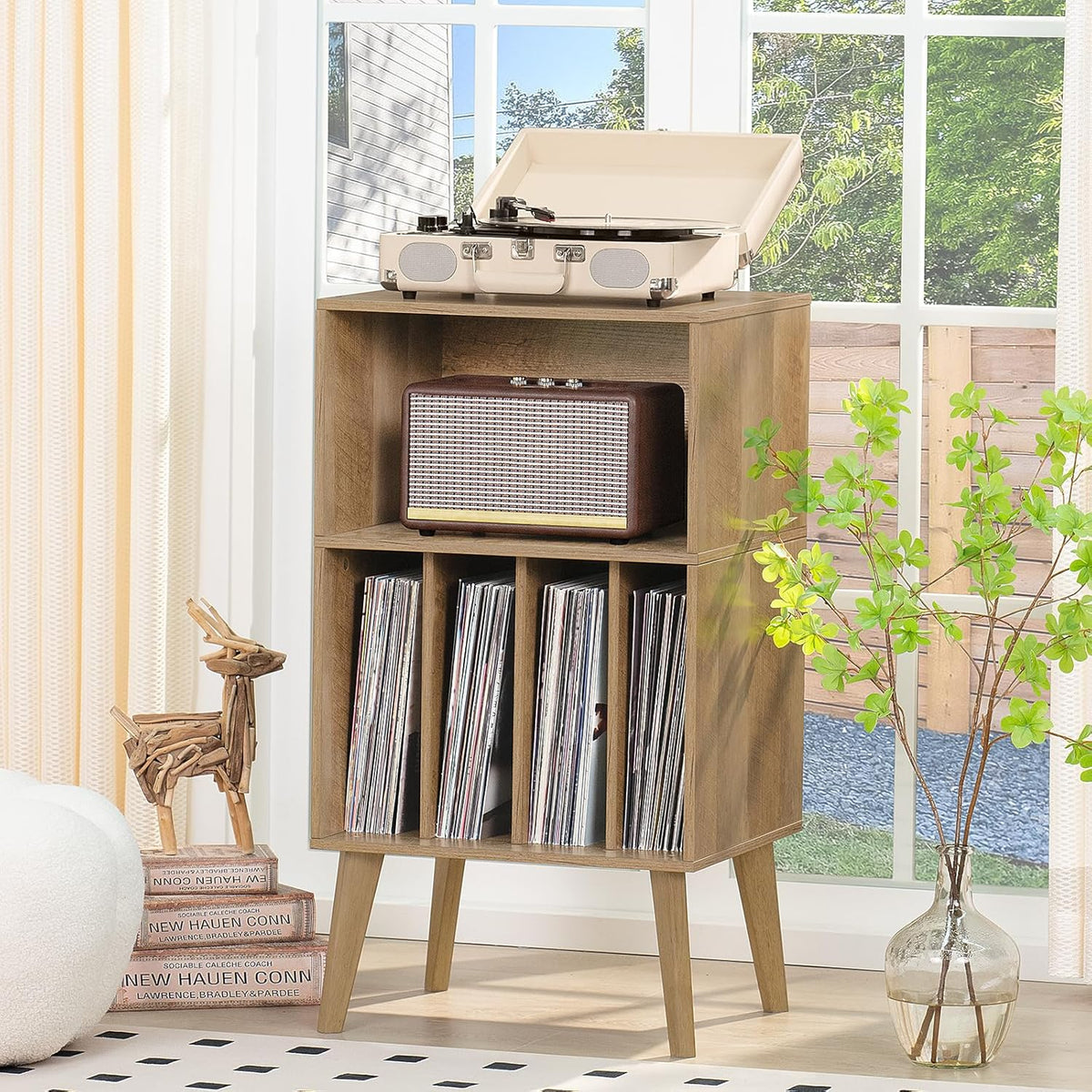 Platenspelerstandaard – Draaitafelstandaard – Vinyl Opbergkast – Platenkast – Platenspelerhouder – Eiken Look – Tot 160 Platen – Massief Houten Poten