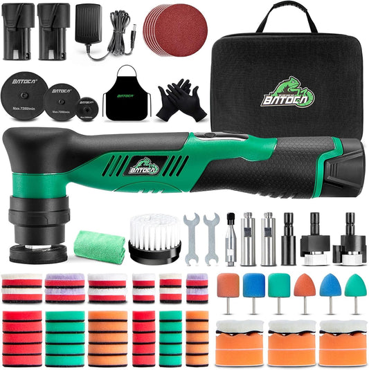 BATOCA S5 Snoerloze Auto Polijstmachine Mini Polijstmachine met 2 12V 2.0Ah Batterijen Roterende & Orbitale Auto Polijstmachine 25mm/50mm/75mm Polijstpads 6 Snelheden 2000-5500RPM voor Auto Detailing