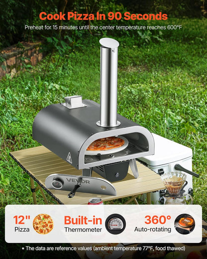 VEVOR Houtgestookte pizzaoven buiten, 30 cm automatisch roterende pizzaovens, draagbare pelletpizzamachine met thermometer en elektrisch roterend systeem, pizzasteen, draagtas en schep voor achtertuin
