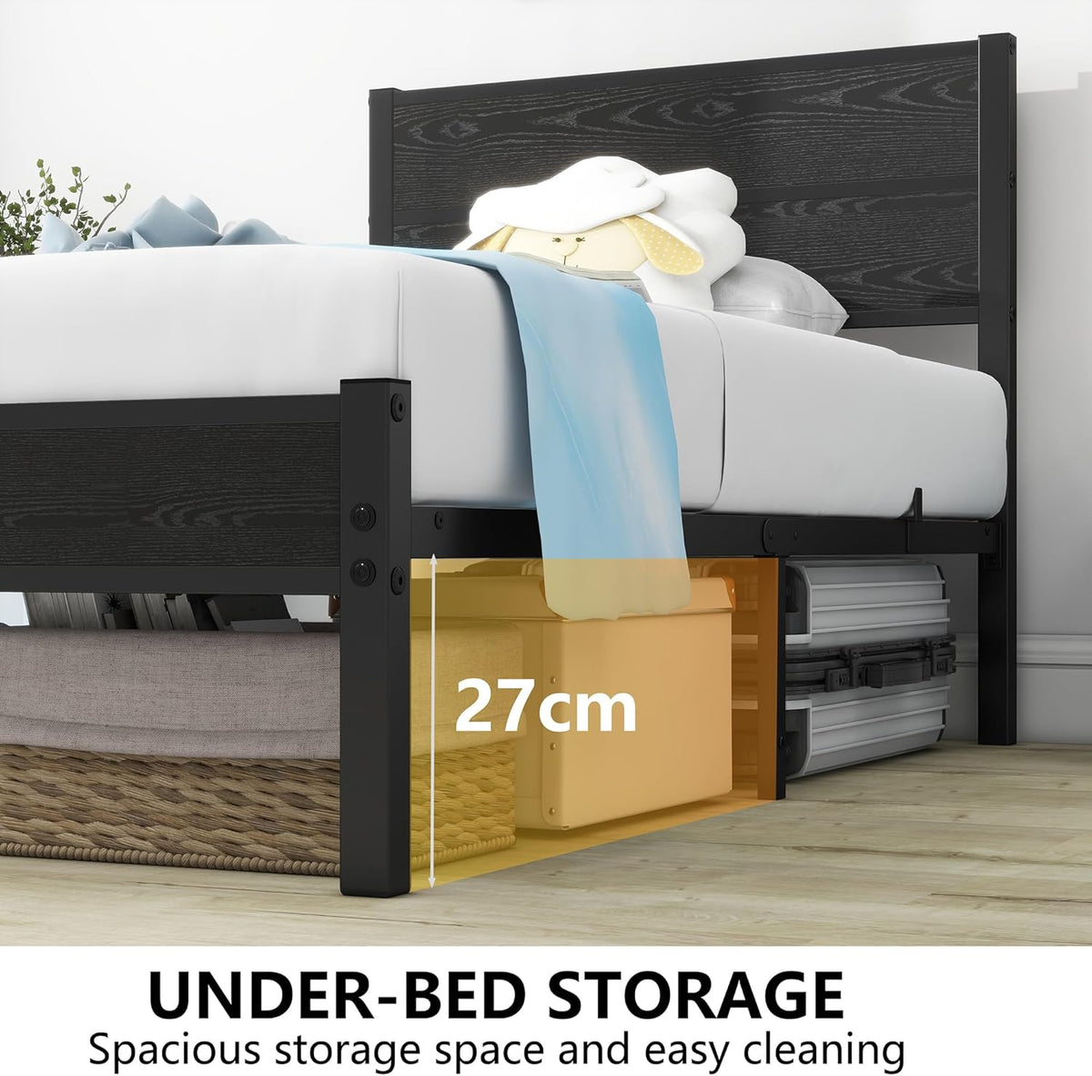 DUMEE Eenpersoonsbedframe met houten hoofdeinde en voetenplank, opbergruimte onder bed, zwart