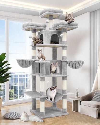 Krabpaal XXL – Krabmeubel – Kattenboom – Krabton – Kattenmeubel – Lichtgrijs – 204 cm Hoog – Luxe Met 3 Gevoerde Zitstokken & 2 Kattenhuisjes