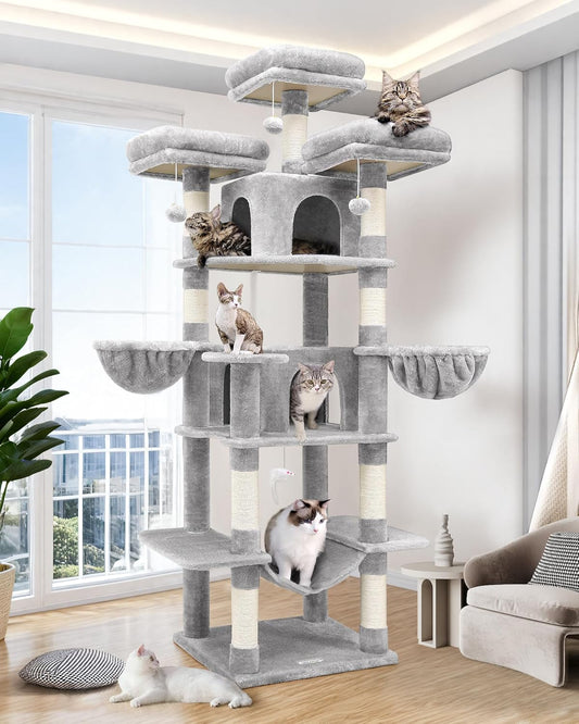 Krabpaal XXL – Krabmeubel – Kattenboom – Krabton – Kattenmeubel – Lichtgrijs – 204 cm Hoog – Luxe Met 3 Gevoerde Zitstokken & 2 Kattenhuisjes