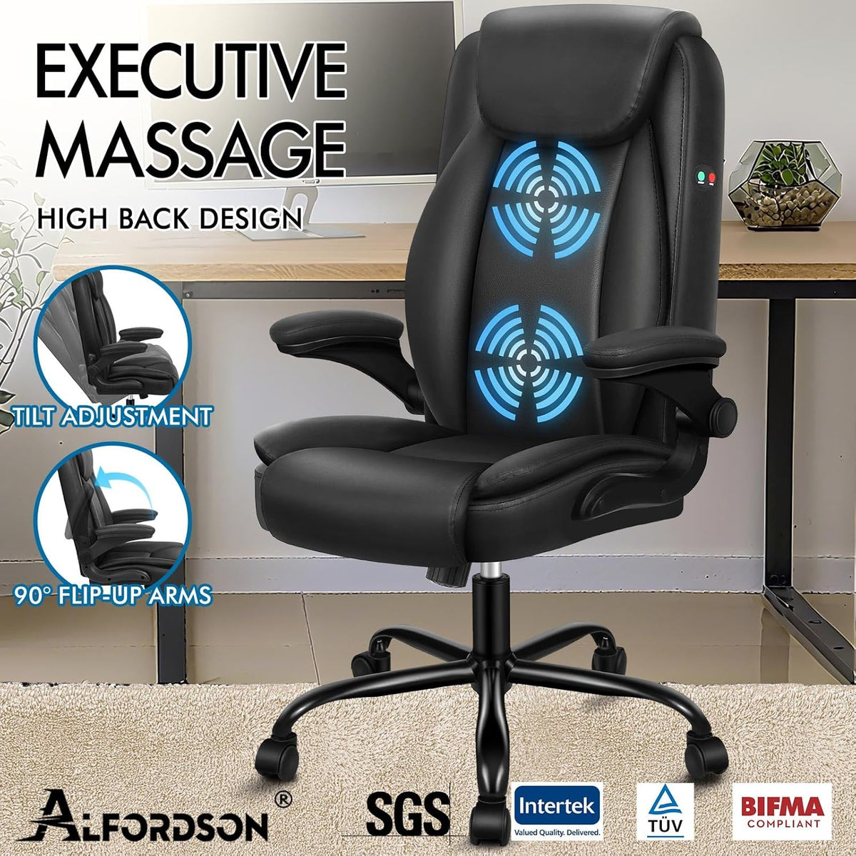 ALFORDSON Massage Bureaustoel, Ergonomische Computerstoel met Armleuning, Kunstleren Bureaustoel, Draagvermogen 150 kg, Rugleuning 90-135°, In Hoogte Verstelbaar, Zwart