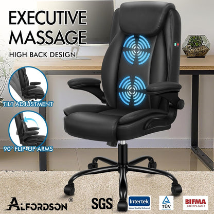 ALFORDSON Massage Bureaustoel, Ergonomische Computerstoel met Armleuning, Kunstleren Bureaustoel, Draagvermogen 150 kg, Rugleuning 90-135°, In Hoogte Verstelbaar, Zwart