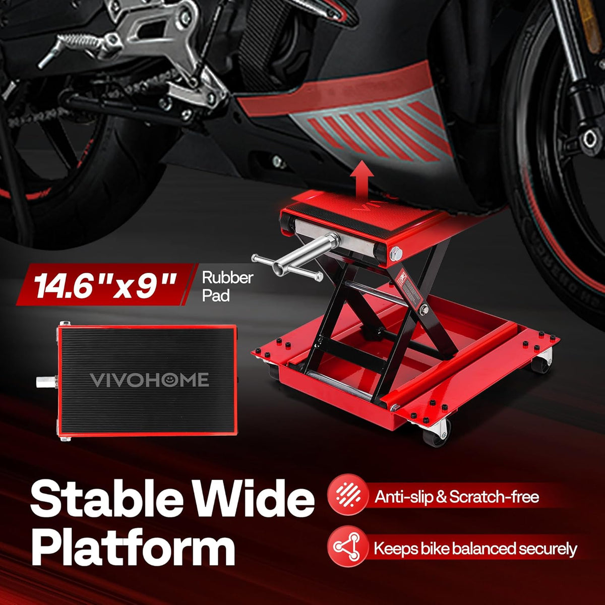 VIVOHOME Motorfietslift Jack Schaarlift 500kg Zware Stalen Brede Dekstandaard Takel met Dolly en Handkruk voor ATV Fietsen Garage Reparatie Rood