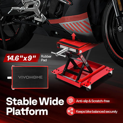 VIVOHOME Motorfietslift Jack Schaarlift 500kg Zware Stalen Brede Dekstandaard Takel met Dolly en Handkruk voor ATV Fietsen Garage Reparatie Rood