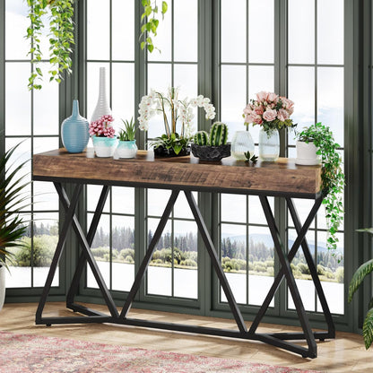 Tribesigns Console Table, 140 cm, Farmhouse Coffee Table, Wooden Entrance Table with Unique Metal Base, Small Exhibition Table, Foyer Table, Industrial Hall Table for Hallway, Living Room, Entrance