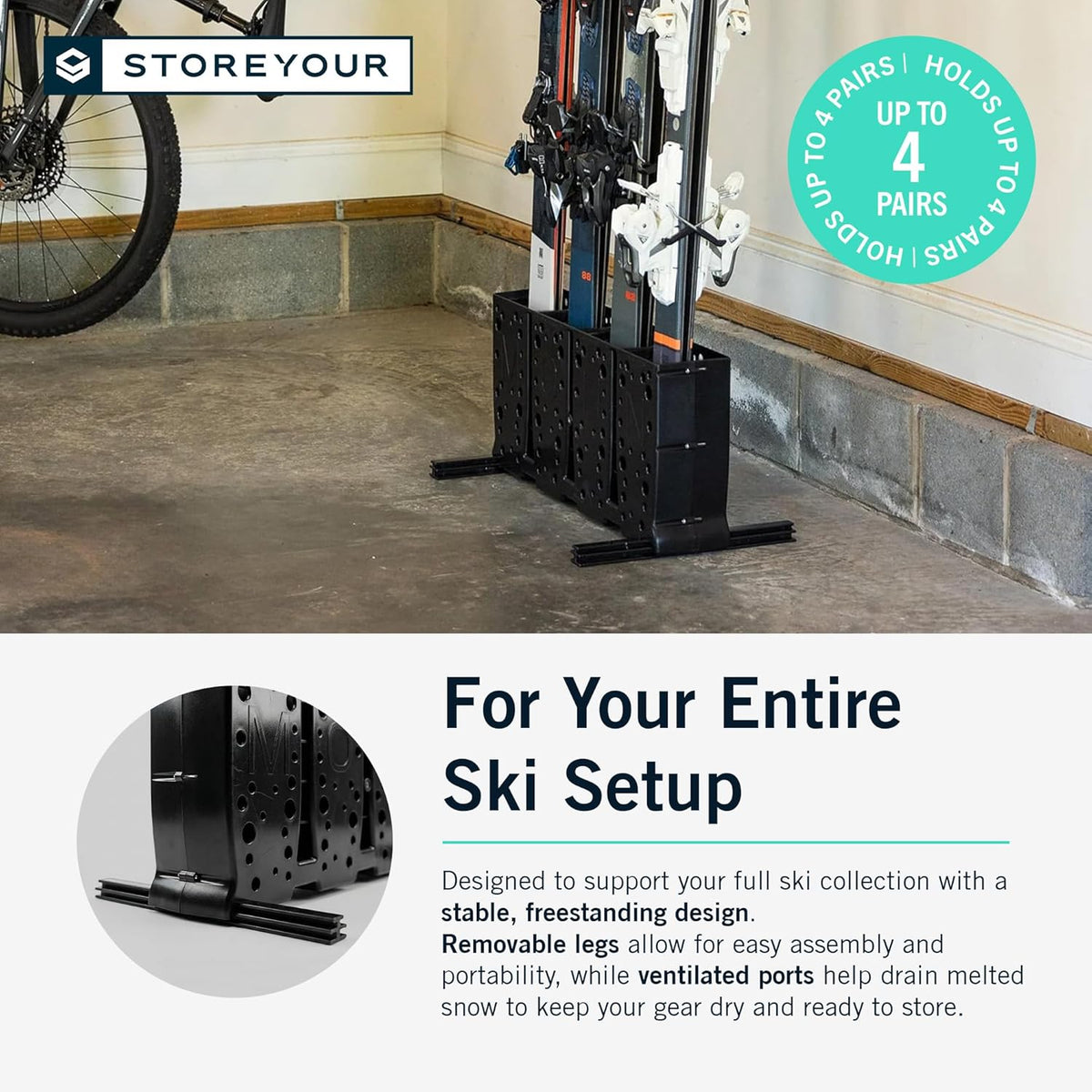 Ski opbergrek – Skirek – Ski standaard – Ski houder – Ski organizer – Vrijstaand ontwerp voor 4 paar ski’s – Stevig ABS-kunststof met afvoeropeningen